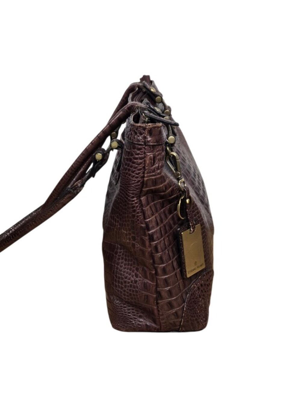Etienne Aigner Croc Embossed Leather Double Handle Shoulder Bag Dark Brown - Picture 3 of 11